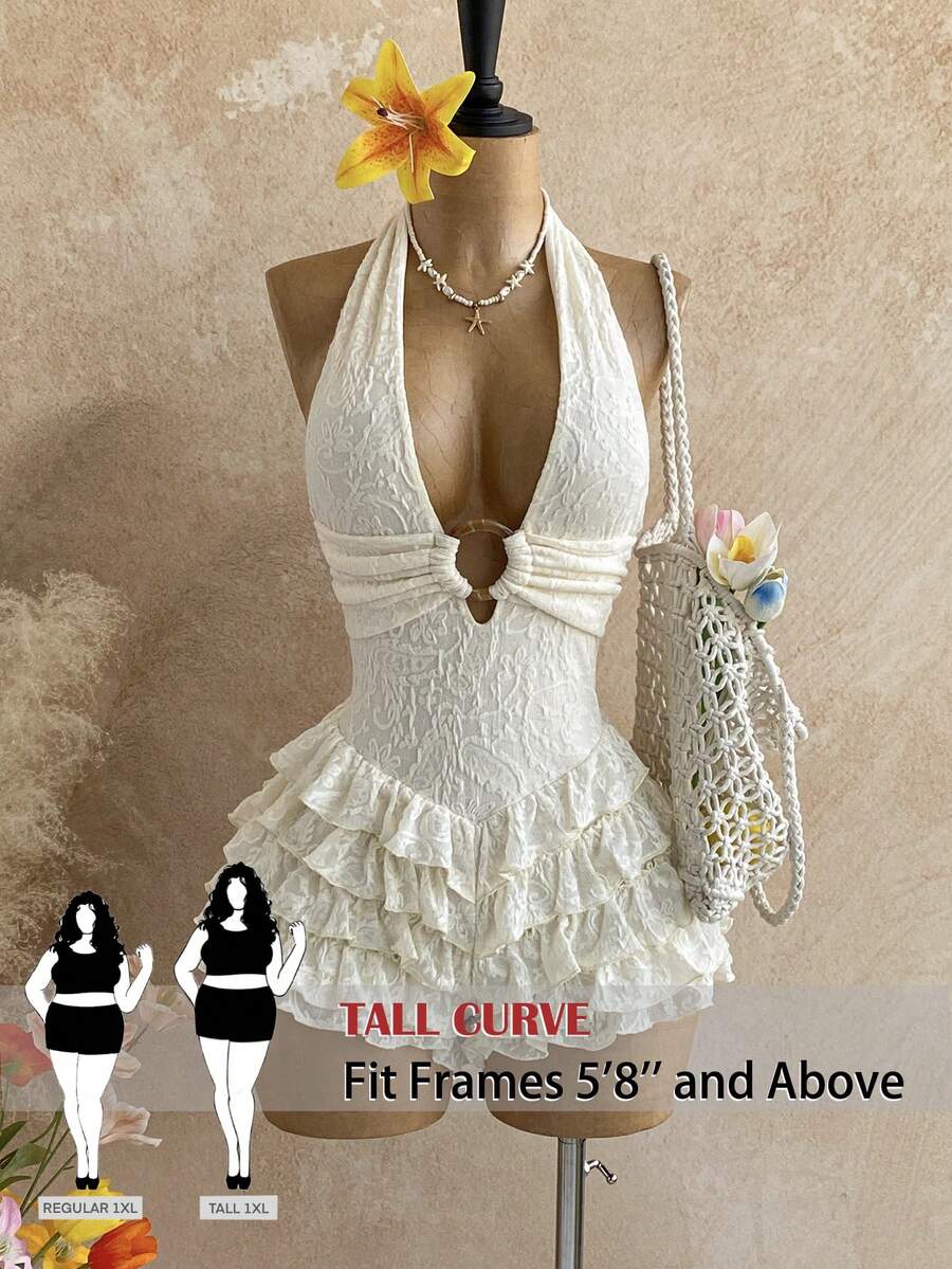 SHEIN Tall CURVE Áo liền quần nữ cỡ lớn kiểu cổ yếm hở lưng xếp ly, phong cách thường ngày - Màu be - Xem 1