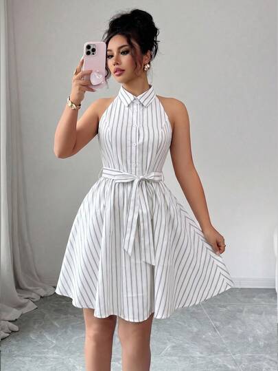 Elenzga Women's Fashionable Striped Off-Shoulder Cotton Dress, Summer