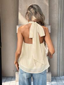 Pariaura Women's Casual Sexy Solid Color Backless Halter Top, Summer Golf White - Light Yellow - View 2