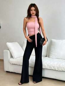 Almamuse Leopard Print Ruched Bandeau Top With Scarf For Women - Baby Pink - View 3