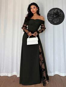 Elenzga 女士时尚端庄露肩网纱拼接长袖连衣裙，适合派对和约会 - 黑色 - 查看 1