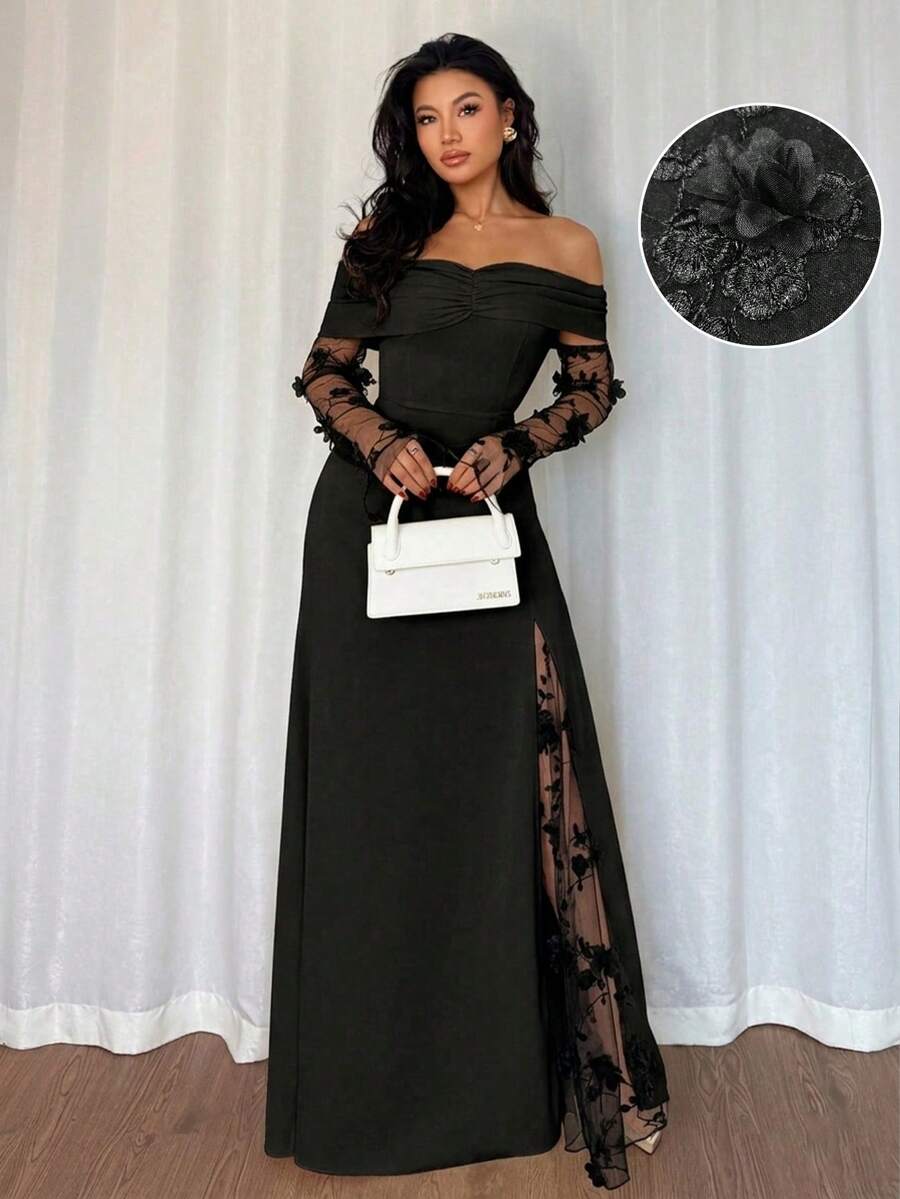 Elenzga 女士时尚端庄露肩网纱拼接长袖连衣裙，适合派对和约会 - 黑色 - 查看 1