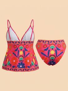 Travachic Conjunto de tankini con parte superior de tirantes con nudo delantero y estampado floral para mujer, ideal para la playa en verano - Rosa Fucsia - Ver 2