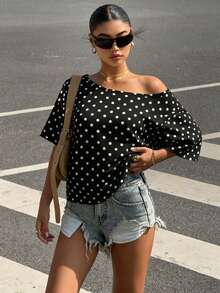 SHEIN Muchic Plus Size Women Polka Dot Print Loose Shoulder T-Shirt Poka Dots Polka Dot Blouse Cow Print Casual Elegant Blouse Polka Dots Off Shoulder Top Blouse For Women Polka Dot Top - Multicolor - View 5