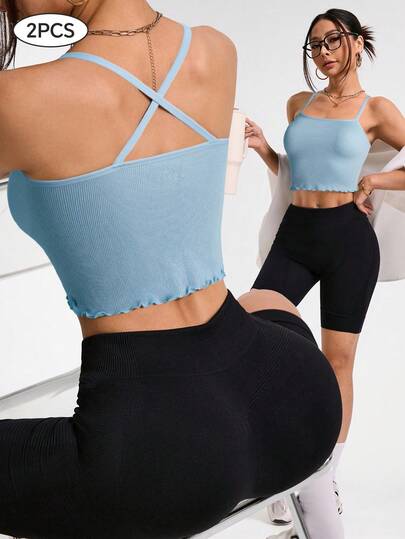 Sovereign Charm 2PCS Women's Ribbed Knit Crisscross Back Crop Cami Top, Summer 2026 Lettuce Trim Sleeveless Y2K Casual Workout Yoga Tank Top, Slim Fit Streetwear Going Out Tops