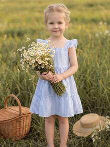 SHEIN Đầm bướm kẻ sọc cho bé gái, đầm ngắn tay màu hồng in hoa kẻ sọc xanh trắng, nơ xếp ly ở gấu váy, kiểu dáng thường ngày thời trang cho bé sơ sinh, phong cách nghỉ lễ mùa xuân/hè. - Màu xanh lam - Xem 2