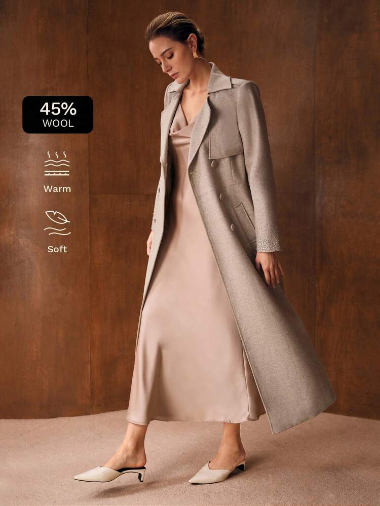 Elegant Long Woolen Coat With Rhinestone Decor And Tie Waist, Autumn/Winter
