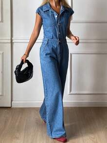 DAZY Women's Summer Lapel Sleeveless Waist Loose Wide-Leg Denim Jumpsuit And Overalls - Medium Wash - View 4