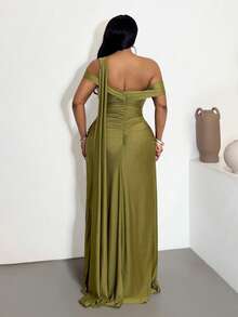 Maweii Vestido elegante de talla grande para mujer con decoración de estrella de mar metálica, cuello asimétrico y dobladillo dividido - Verde - Ver 2