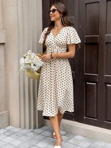 SHEIN Frenchy Women's Elegant Black White Polka Dot Dress,Summer,Retro Vintage Ruffle Sleeve Waist Cinched Tea Party Outfits,Boho Daily Holiday Vacation Wear - Multicolor - View 8