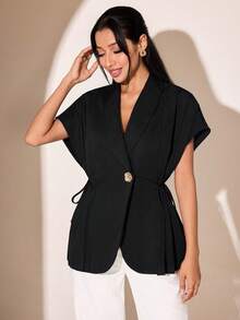 Veilorie Áo blazer nữ thanh lịch cài một nút kim loại, ve áo cổ bẻ. - màu đen - Xem 3