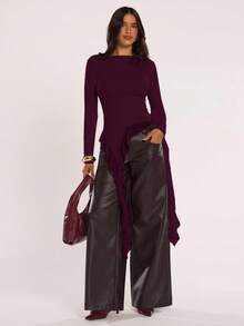 SHEIN BAE Women Solid Color Asymmetric Ruffle Hem Long Sleeve Fitted Top,Summer Top - Maroon - View 6