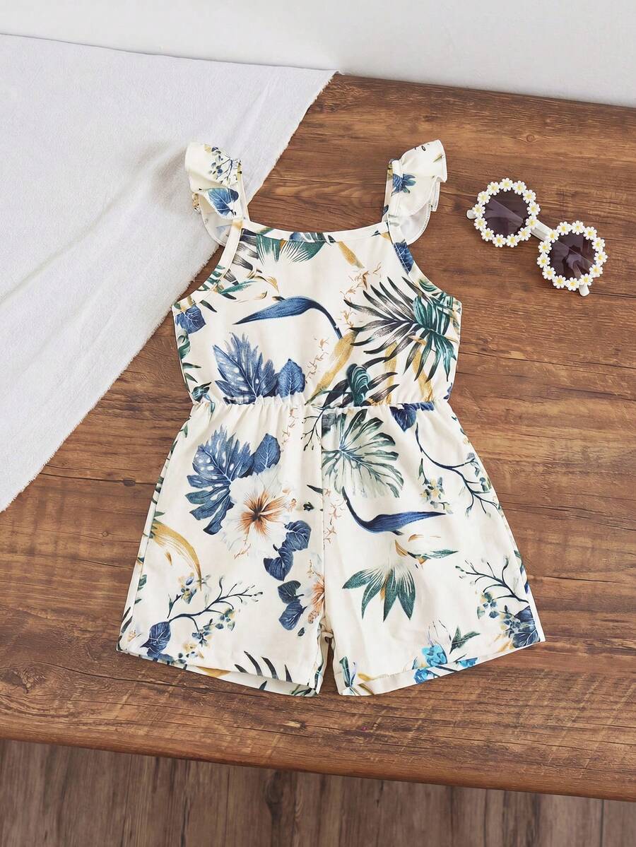 SHEIN Bộ áo liền quần in họa tiết nhiệt đới cho bé gái - màu xanh lá - Xem 1