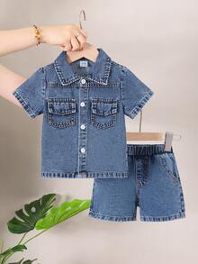 SHEIN Baby Boy Casual Denim Shirt Collar Washed Denim Outfit - Blue - View 3