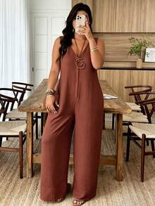 Weeklong White Plus-Size Jumpsuit - Sleeveless, V-Neck & Loose Fit, Suitable For Daily Wear & Office Commute, Spring & Summer Outfit - Rust Brown - View 5