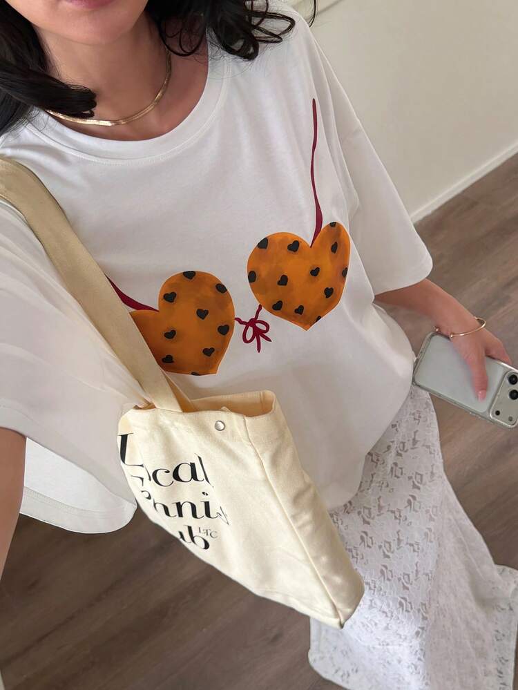Women's Loose Fit Round Neck Printed Vacation Style T-Shirt, Summer