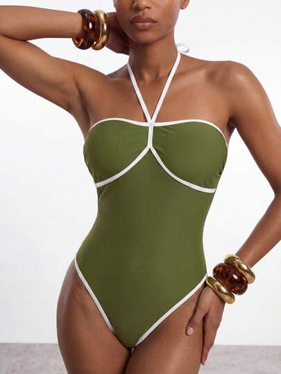 Maija Women's Vacation Casual Contrast Color Trim One-Piece Swimsuit