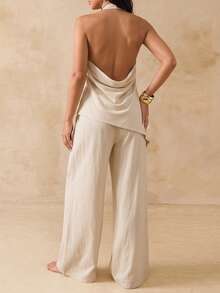 SHEIN BAE 2pcs Set: Loose Backless Scoop Neck Blouse & High Waist Wide Leg Pants, Beige Linen Outfit, Summer Beach Vacation Set, Linen 2-Piece Set,Work Outfits For Women Pants And Top Special Occasion - Khaki - View 2