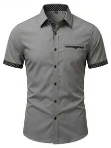 Manfinity Bizformal Camisa de Manga Curta Casual Executiva Masculina com Recortes - Cinza - Visão 4