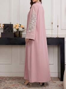 SHEIN Najma Vestido árabe elegante de fiesta con cuello entallado, parches de lentejuelas, mangas acampanadas y plisado suelto - Rosa - Ver 5