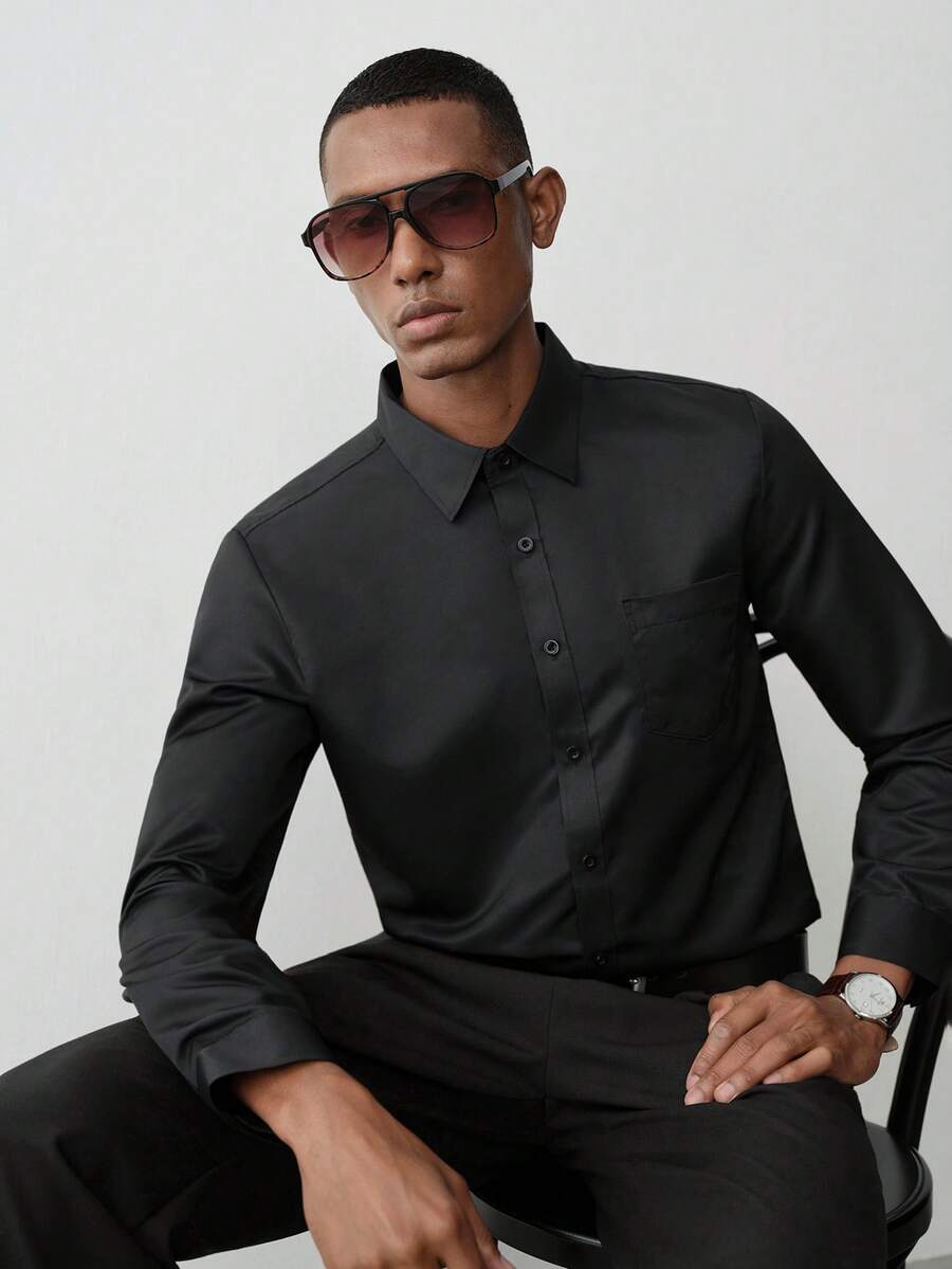 MENRIVO Men Solid Button Front Long Sleeve Shirt, Fall - Black - View 1