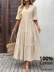 SHEIN LUNE Summer Dresses For Women,Women's Solid Color Casual Long Dress For Vacation - Apricot - View 3