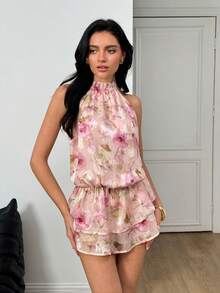 SHEIN Đầm ngắn không tay in hoa dành cho nữ - Hồng - Xem 3