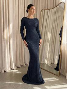 Modelyn Damen Abendkleid mit rundem Ausschnitt, langem Arm und figurbetonter Form (verziert) - Schwarz - Übersicht 4
