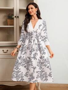 Serenescape Women's Casual Vacation Style Floral Print Ruffle Patchwork Deep V-Neck Puff Sleeve Cinched Waist Maxi Dress - White - View 6