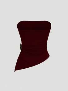 Sweetra Women's Sexy Crop Top With Ruched Detail And Side Slit - Burgundy - View 2
