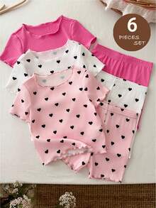 SHEIN 6pcs Baby Girl Knitted Solid Color Heart Pattern Pajama Set, Includes Top And Shorts - Multicolor - View 3