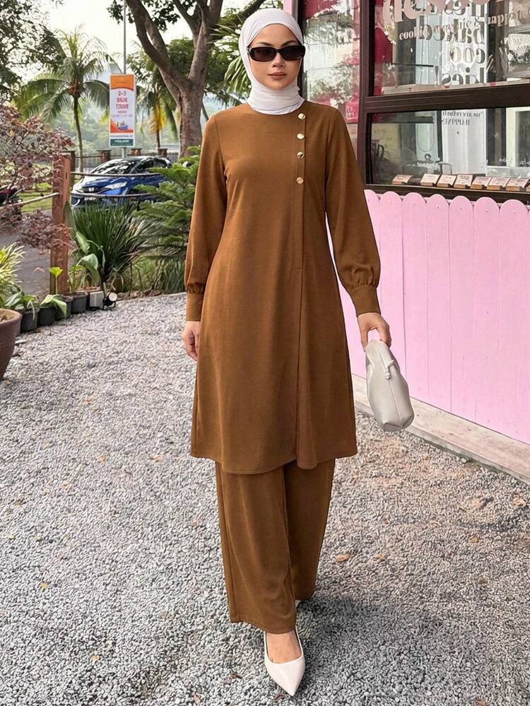 Women's Elegant Solid Color Oblique Collar Round Neck Slit Shirt And Wide Leg Pants 2 Pieces Set, Spring/Summer Lounge Sets For Women