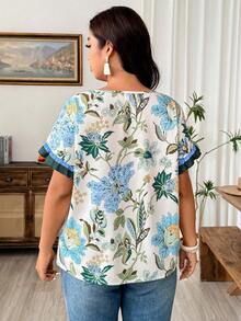 Linhara Plus Size Women Floral Print Round Neck Ruffle Sleeve Casual Blouse - Multicolor - View 5