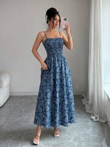Elenzga 女士优雅无袖佩斯利印花连衣裙，收腰设计，适合海滩、旅行、休闲穿着、拍照等场合，蓝色花卉印花长裙，春夏款 - 藏蓝色 - 查看 1
