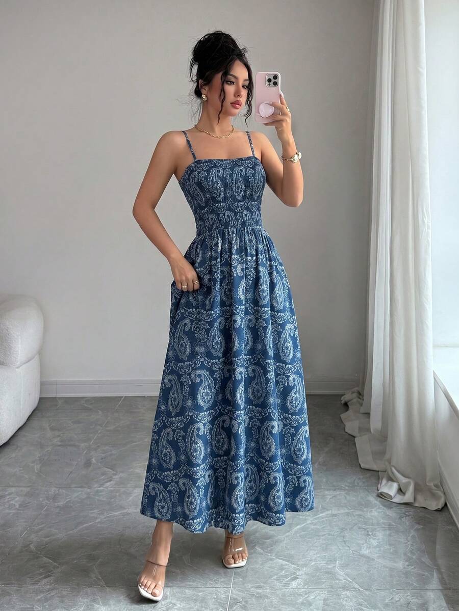 Elenzga 女士优雅无袖佩斯利印花连衣裙,收腰设计,适合海滩、旅行、休闲穿着、拍照等场合,蓝色花卉印花长裙,春夏款 - 藏蓝色 - 查看 1