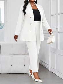 SHEIN Lady CURVE Bộ đồ công sở thanh lịch mùa thu đông màu hồng dệt kim cổ đứng cài vàng tay dài, cỡ lớn, áo khoác lông giả màu trắng. - trắng - Xem 5