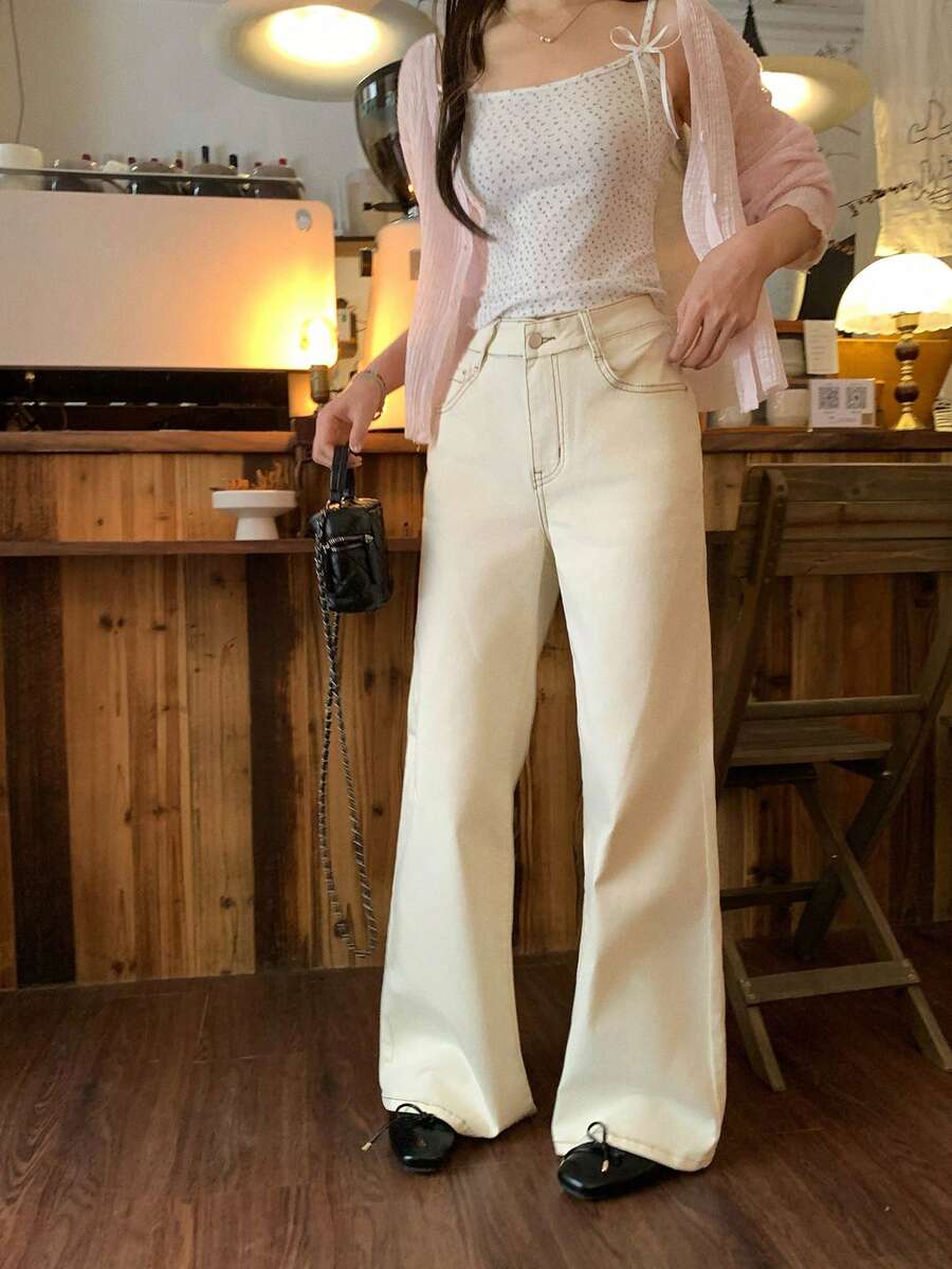Quần jeans nữ kiểu Hàn Quốc ống loe dáng rộng, đa năng - trắng - Xem 1