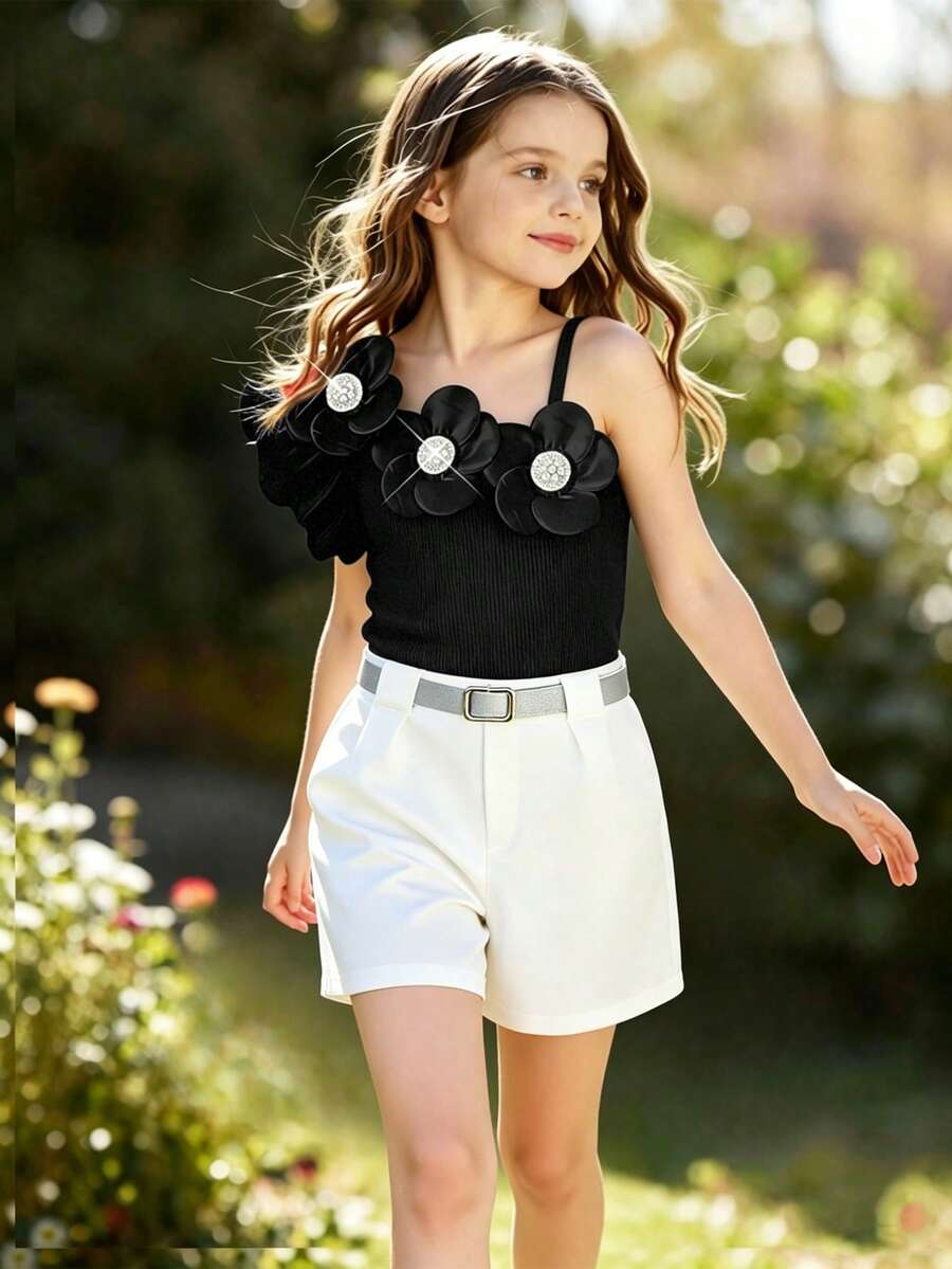 SHEIN Elladie kids 女童（小号）白色背心套装，春夏款，白色背心上衣饰有珍珠和3D立体花朵，针织罗纹面料，细肩带设计，搭配白色纯色梭织短裤和银色腰带，简约优雅，适合通勤、上学、外出、聚会、度假等场合，舒适的春夏装扮。