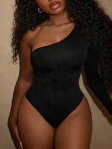 SHEIN SXY Body unicolor de un hombro - Negro - Ver 1