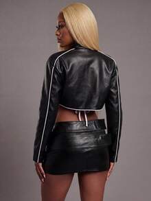 Modviera Autumn/Winter Biker Style Stand Collar Short Fitted Jacket For Women - Black - View 2