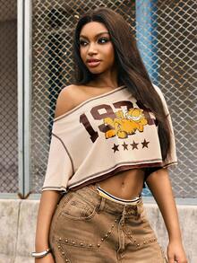 GARFIELD | SHEIN Women's Casual Oblique Shoulder Cropped T-Shirt With Numeric Print, - Apricot - View 7
