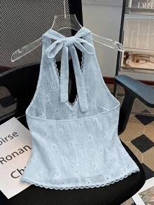 Franclia 女士夏季新款蕾丝吊带背心，性感V领紧身设计，蕾丝拼接，珍珠装饰，女士蕾丝上衣，女士沙滩装，女士度假背心，女士优雅上衣，杏色蕾丝上衣，休闲度假波西米亚风沙滩装，适合情人节、派对、复活节、夏威夷音乐节和热带假期 - 藍色 - 查看 2