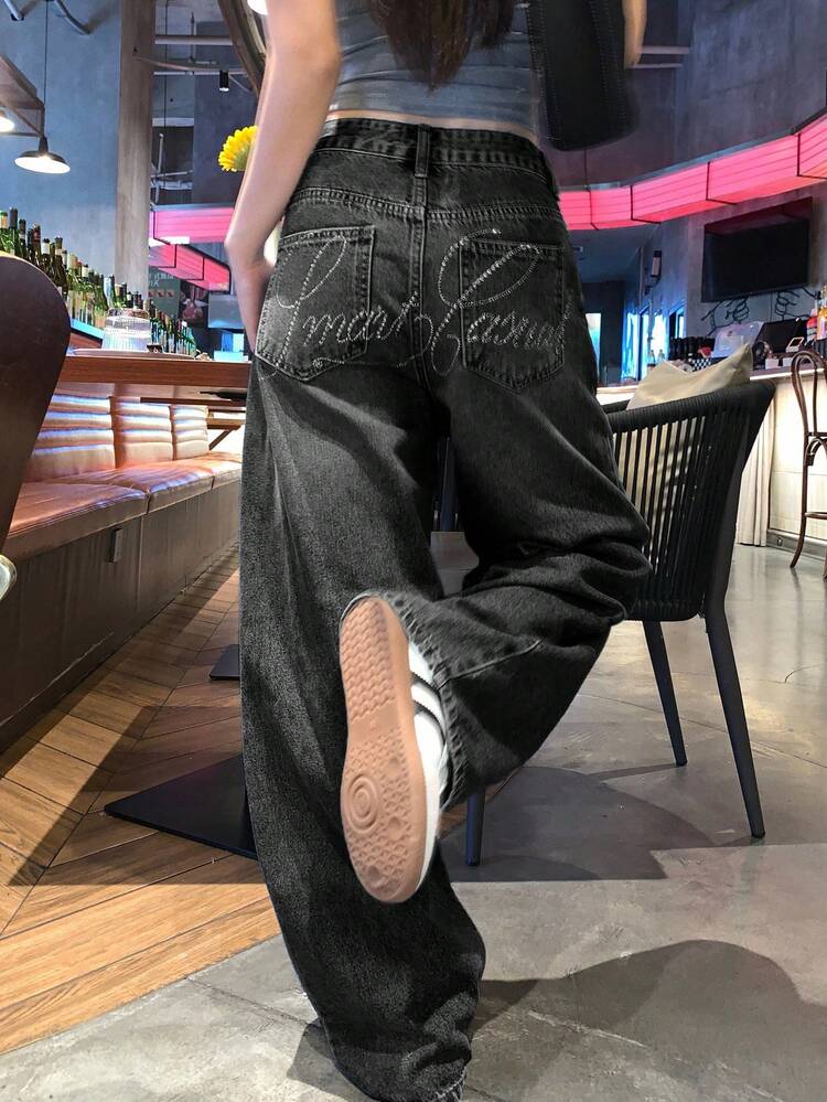 Tall Women's Rhinestone Letter Casual Loose Straight Leg Jeans