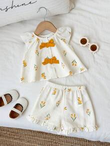 SHEIN 2件套女婴/幼儿休闲碎花短袖衬衫和短裤套装，夏季度假风 - 黃色 - 查看 6