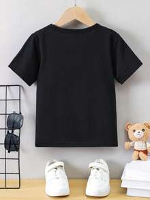 SHEIN Genkimix Kids 年輕男孩的短袖動物及字母印花t恤 - 黑色 - 查看 2