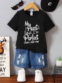 SHEIN Young Boys' Summer Fashion Knitted Solid Color T-Shirt, Personalized English Letter Print Round Neck Short Sleeve Top, Match With Sports/Casual Shorts, Suitable For Daily Outings Summer Holiday - Black - View 1