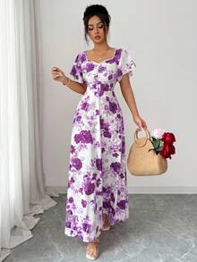 SHEIN Elenzya 女款玫瑰碎花紫色與白色花卉夏季優雅浪漫派對花園派對度假抽褶前襟荷葉袖A字洋裝婚禮 - 彩色 - 查看 6