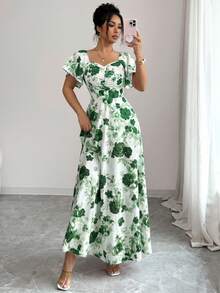 SHEIN Elenzya 女款白色碎花夏季優雅婚禮賓客玫瑰小碎花前褶皺荷葉袖A字長洋裝，休閒度假時尚復古 - 彩色 - 查看 8