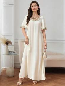 Al Najma 女士优雅阿拉伯风格贴花装饰短袖连衣裙 - 白色 - 查看 5