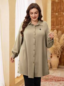Lacomfia Plus Size Long Sleeve Solid Color Embroidered Button-Up Casual Shirt - Khaki - View 4